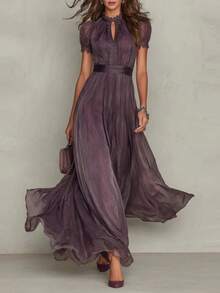 Vestido de gran falda con escote V cintura ajustada y volantes elegante y casual - Morado - Ver 1