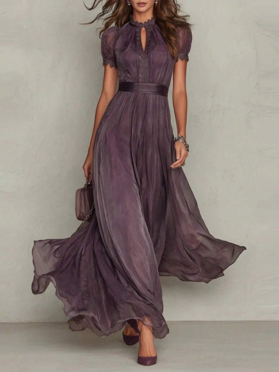 Vestido de gran falda con escote V cintura ajustada y volantes elegante y casual - Morado - Ver 1