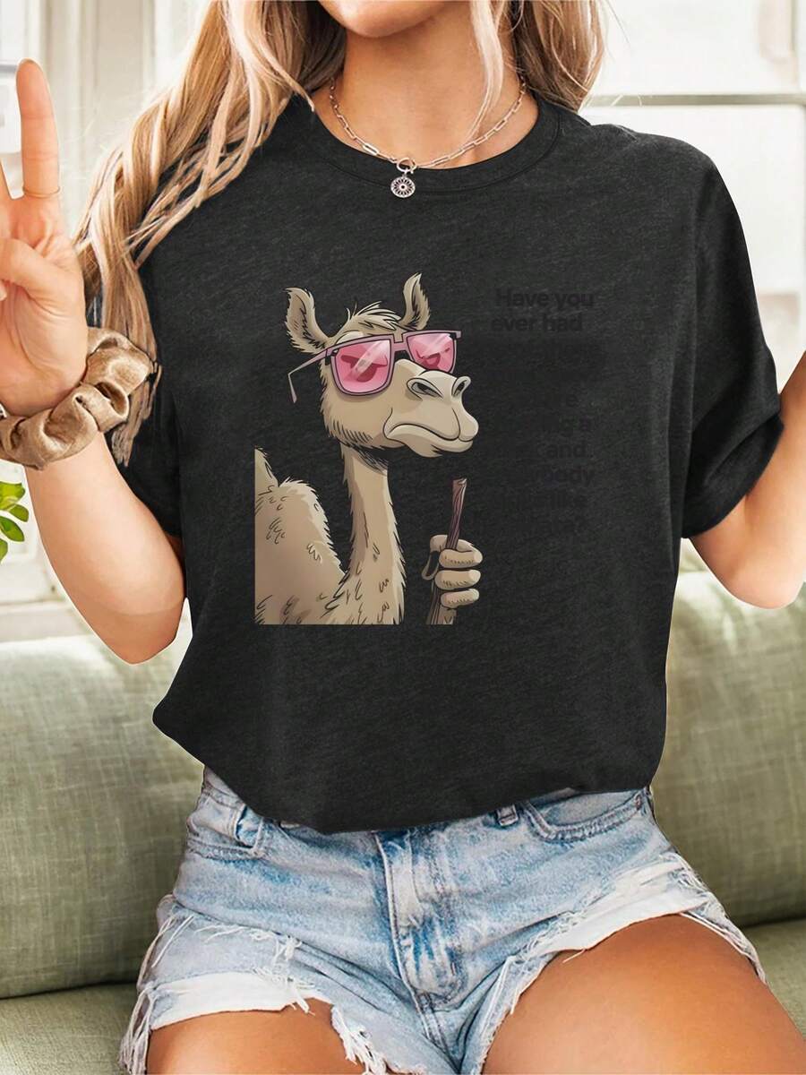 Una camiseta de manga corta para mujer, moderna, a la moda, retro, casual y holgada, adecuada para actividades al aire libre en primavera y verano, estilo europeo y americano, con estampado de moda urbana y deportiva - camiseta de manga corta con cuello redondo y un interesante patrón de camello, hecha de un material holgado y cómodo, la primera opción para actividades al aire libre en verano, un regalo ideal para amigos y familiares.blusas para mujer,blusas casuales para dama,tops,, mujer premium,y2k,playeras de mujer curvy,ofertas y liquidaciones ropa mujer,playeras deportivas para mujer,,playeras de hombre, mujer,blusas>elegante NNLK - Negro - Ver 1