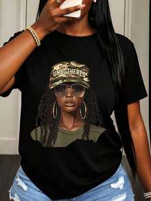Camiseta Casual para Mujer con Estampado Gráfico de Gorra de Camuflaje y Gafas de Sol, Estilo Urbano para Uso Diario - Negro - Ver 6