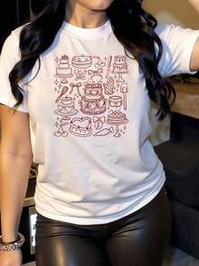 Camiseta de Algodón Estilo Vintage con Estampado de Eslóganes de Lisboa, Camisetas Gráficas con Patrón de Pastel de Cumpleaños para Mujeres que Celebran Eventos Festivos y Fiestas, 220g para Uso Diario en Verano - Blanco - Ver 1