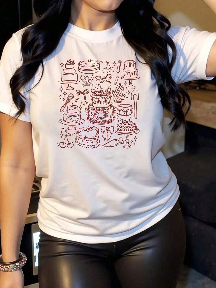 Camiseta de Algodón Estilo Vintage con Estampado de Eslóganes de Lisboa, Camisetas Gráficas con Patrón de Pastel de Cumpleaños para Mujeres que Celebran Eventos Festivos y Fiestas, 220g para Uso Diario en Verano - Blanco - Ver 1