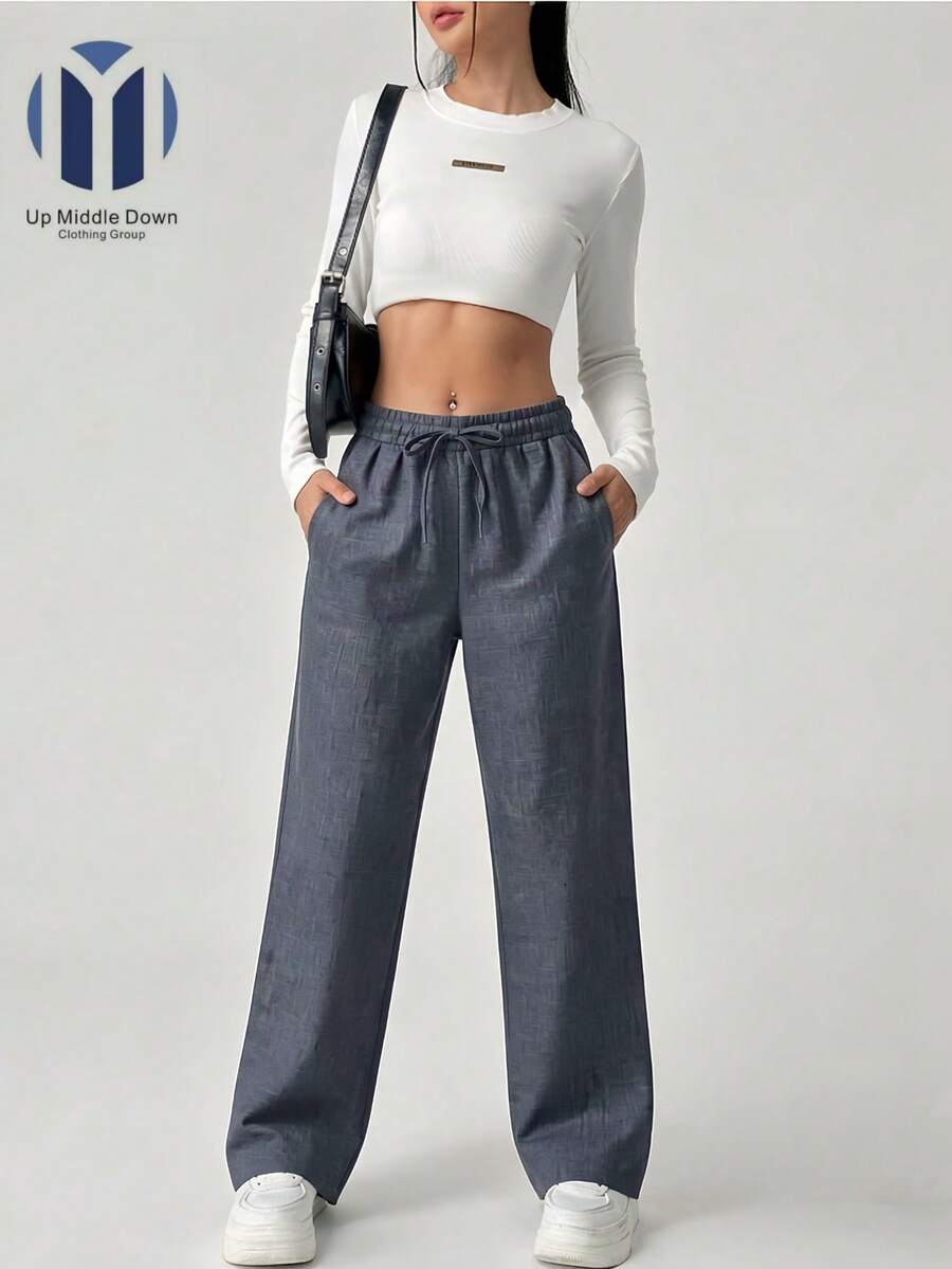 Pantalón Casual de Pierna Ancha para Mujer con Cintura Elástica - Ideal para Verano y Primavera - Gris - Ver 1