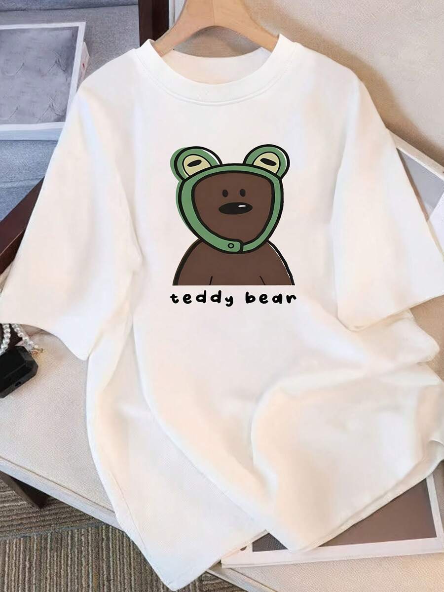 Camiseta de manga corta holgada para mujer - 100% algodón con estampado de oso de peluche de dibujos animados, cuello redondo, estilo cómodo, lavable a máquina, esencial para el guardarropa de verano. | Diseño divertido | Blusas de tela suave con diseño de osito de peluche para mujer - Blanco - Ver 1