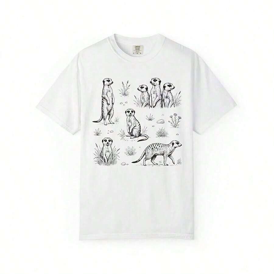 short-sleeveCamiseta gráfica unisex cómoda con ilustración de fauna silvestre de suricata vintage grabada100% Cotton - Blanco - Ver 1