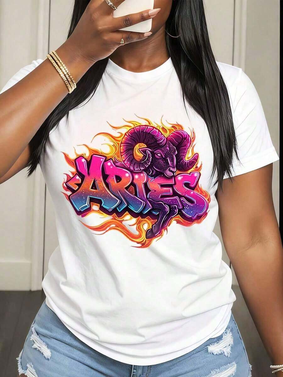 Camiseta de Mujer con Estampado Gráfico del Signo Zodiacal Aries (Aries en Llamas), Ropa Casual para Uso Diario y Amantes de la Astrología - Blanco - Ver 1