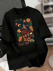 1 pieza Camia Cómoda para Uso Diario, Modelo Especial: Tropical Brasil – 100% Algodón, Moda de Verano con Corte Regular, 180g, 100% Algodón - Negro - Ver 3