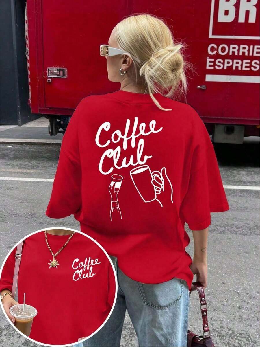 Camiseta Roja Oversize [Envío Nacional Gratis] 2026 Nuevo diseño de cuello redondo de moda Estilo vintage casual de mujer Estampado de café versátil casual cómodo Camiseta de manga corta - Estilo de calle vintage Camiseta de cuello redondo de algodón holgada de manga corta unisex - Estilo - Ver 1