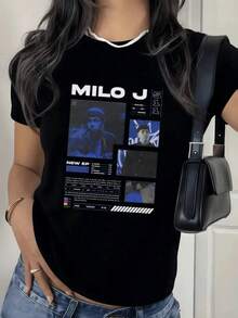Elegante Camiseta de Mujer con Estampado Milo J y Detalles Gráficos,220g.Diseño Moderno y Casual,Para un Look Urbano y Cómodo. - Negro - Ver 6