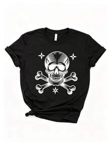 Fashion Item: Casual Streetwear T-Shirt, Oversized Round Neck Top For Daily Outings, Camping, Concerts, Hip-Hop, Rock, And Rap Events, Short Sleeve For Women, Printed With Skulls And Crossbones With Star Design, Short Sleeve Round Neck T-Shirt For Women, Breathable Pure Cotton Casual Sports Top, Gift For Spring Holidays, Women's T-Shirt With Butterfly And Easter Design. - 黑色 - 查看 2