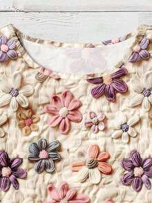 Camisa ajustada de mujer con cuello redondo y mangas cortas, con estampado floral casual, adecuada para primavera/verano - Multicolor - Ver 3