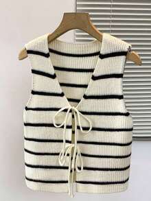 Chaleco de punto con rayas y nudo para mujer, de estilo casual - Albaricoque - Ver 7