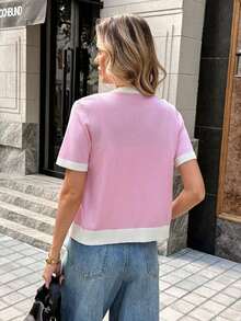 Cárdigan de punto de cuello redondo de manga corta con contraste de color, nueva chaqueta de verano casual, versátil, minimalista, elegante y cómoda de corte holgado para mujer, adecuada para el uso diario, salidas, citas, moda casual, ceremonias de graduación - Rosa - Ver 6