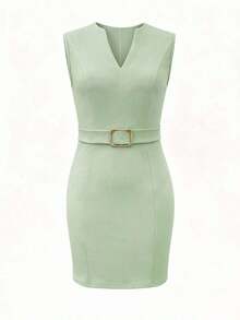Vestido mini ajustado con cuello en V sin mangas, hebilla metálica en la cintura, para mujer.Vestidos elegantes para mujer, vestido estructurado, vestido tubo, vestidos beige para mujer, vestido con cuello en V para mujer, conjuntos elegantes para mujer, ropa formal para mujer, vestidos casuales de negocios, vestido de alta calidad, vestidos de trabajo para mujer - Verde - Ver 7