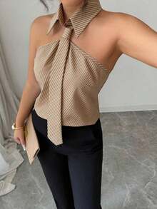 Camisa de rayas casual y de uso diario para mujer, sencilla y versátil de moda para el verano - Caqui - Ver 7