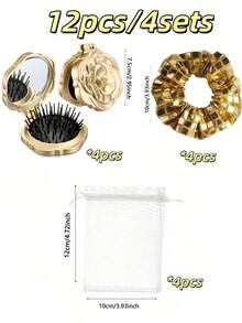 Bộ 12/6/1 - Gương trang điểm mini gấp gọn họa tiết hoa hồng cổ điển, lược nhỏ cầm tay, dây buộc tóc, túi đựng phụ kiện tạo kiểu tóc - Lược đệm khí hình hoa hồng tinh tế, vòng buộc tóc kiểu disco, túi đựng len, phù hợp cho bé gái, có thể dùng làm quà tặng tiệc tùng, quà tặng tiệc mừng em bé, bộ phụ kiện tiệc, bộ lược tặng khách dự tiệc cưới, quà tặng tiệc tiết lộ giới tính (Màu vàng) - Nhiều màu - Xem 11
