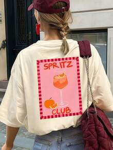 playeras casuales de mujer con estampado "Spritz Club" y cóctel, playera de algodón color crema ideal para looks frescos y modernos en 2026 - Blanco - Ver 6