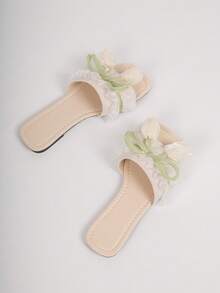 New Mesh Floral Trim Flat Slide Sandals, Gentle Style Open Toe Strap Slippers, Versatile Fairy Wear - Beige - View 6