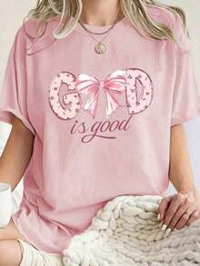 Camiseta de manga corta para mujer, color albaricoque, con estampado de eslogan, cuello redondo, nueva colección de verano, versátil y a la moda, adecuada para uso diario, top para damas en vacaciones. - Rosa Pálido - Ver 6