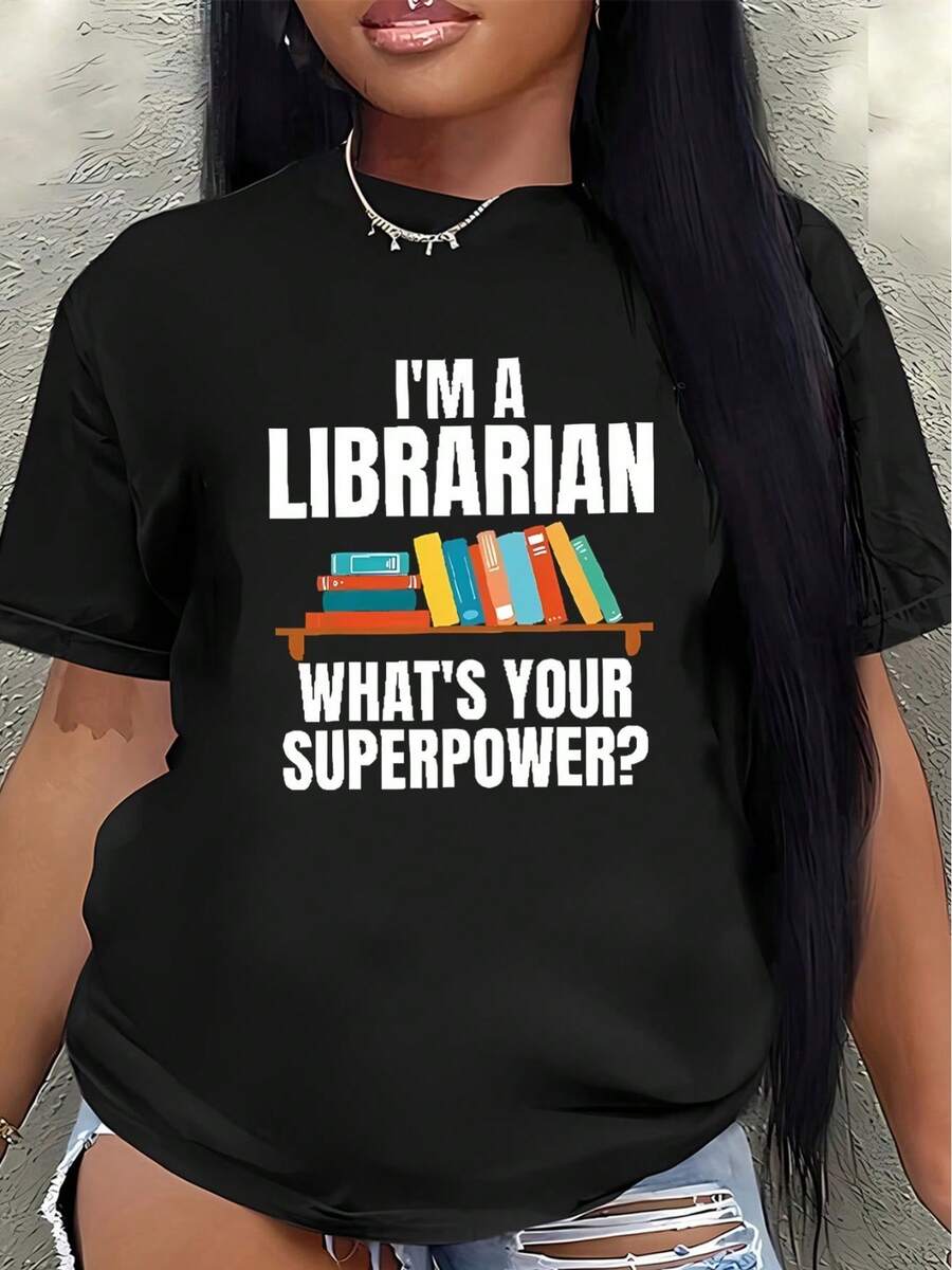 Camiseta de manga corta, ligera y duradera, con un diseño divertido, adecuada para amantes de los libros, ideal para trabajar en la biblioteca o para usar en casa, así como para el trabajo o salidas informales. - Negro - Ver 1