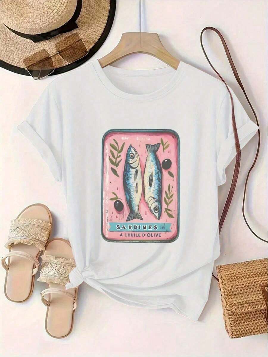 Camiseta Casual de Diseño Estampado 100% Algodón para Mujer, Camiseta Lavada 100% Algodón. Camiseta de manga corta con estampado de sardinas, casual, a la moda, de cuello redondo, jersey para mujer, conjuntos de verano 2026 para mujer, ropa urbana para mujer, ropa original, tops de verano, conjuntos de uso diario para mujer. - Blanco - Ver 1