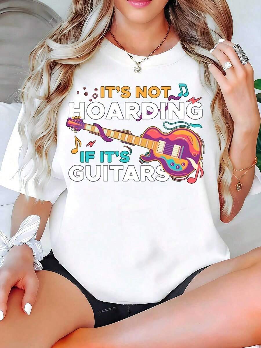 Camiseta de Mujer con Frase de Música de Guitarra, Manga Corta, Cuello Redondo, Estilo Casual para Primavera Verano, Regalo para Amantes de la Música. Tela de Algodón, Lavable a Máquina, Camiseta Casual para Mujer, Adecuada para Ocasiones Informales. Blusas para mujer. - Blanco - Ver 1