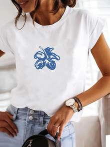 Women's T-shirt Top de manga corta para mujer con estampado floral de verano y cuello redondo ajustado. - Blanco - Ver 7