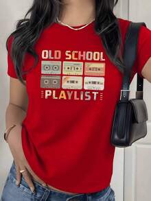 Camiseta con Estampado Gráfico de Casete Retro, 180g, 1 Pieza, Temática Musical Vintage, Camiseta Casual de Mujer 100% Algodón, Estilo Streetwear - Rojo - Ver 9