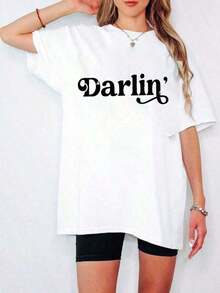 Camiseta 'Darlin', Camiseta Country, Camiseta Western, Camiseta Sureña, Camiseta deúsica Country, Camiseta Texas, Chica Country, Mujer Sureña, Camiseta de Concierto, Camiseta Clásica de Manga Corta Oversize de Algodón Grueso, Camiseta con Estampado Gráfico, Top Casual de Manga Corta para Mujer, Conjuntos de Verano 2026 para Mujer, Conjuntos de Festival para Mujer - Blanco - Ver 7