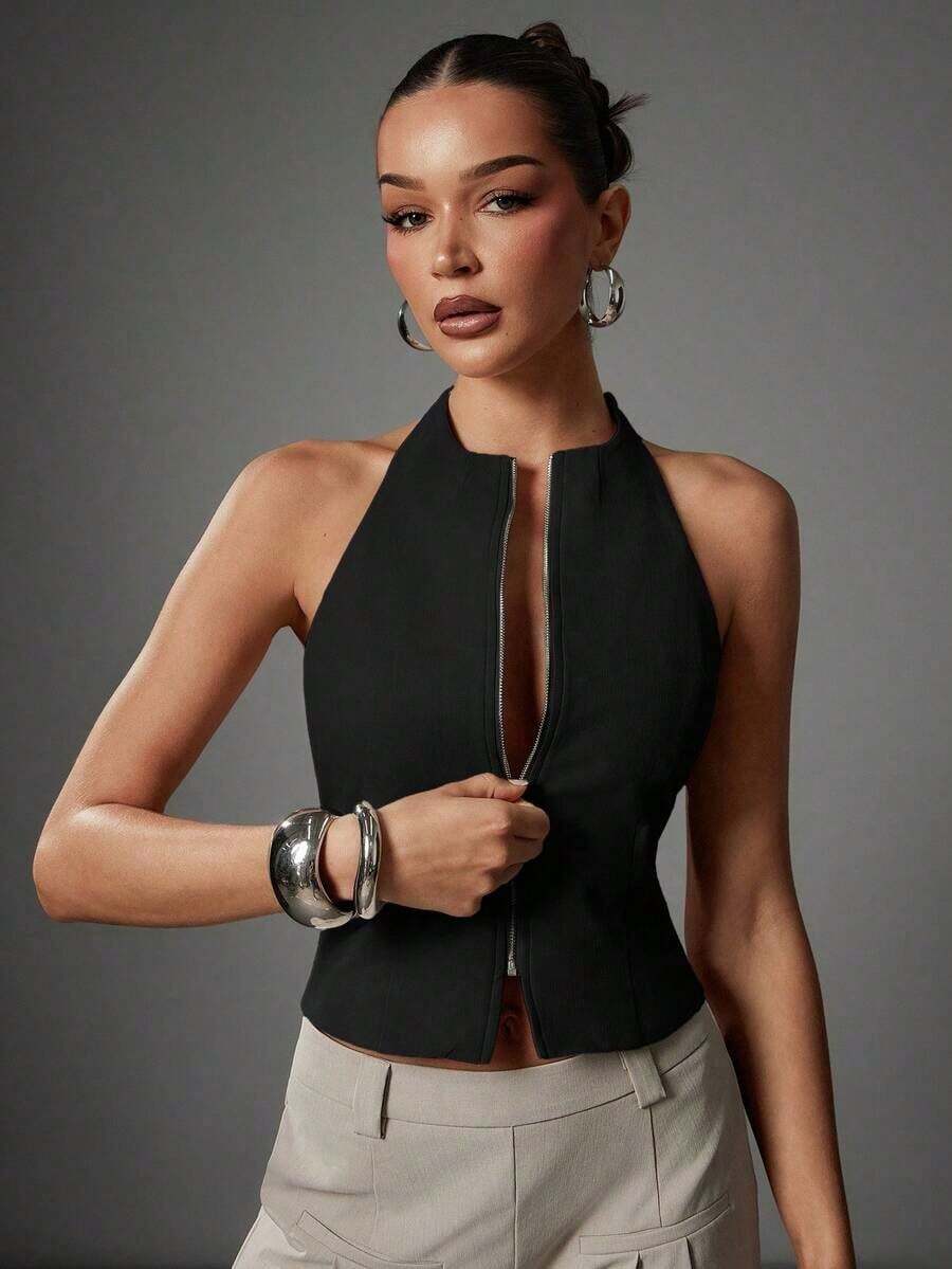 Sleeveless Halter Top With Front Closure And Open Back, Solid Color And Sexy Casual Style For Women - 黑色 - 查看 1