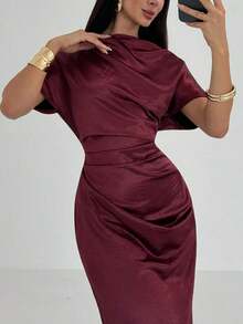 Vestido largo elegante de unicolor con cintura fruncida y plisado, adecuado para fiestas y salidas - Gris - Ver 3