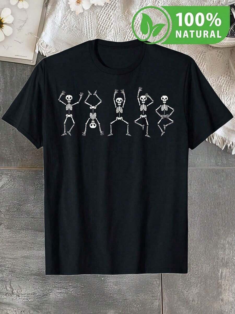Playera Negra Unisex con Estampado de Calaveras Bailarinas de Día de Muertos Ideal para Fiestas y Celebraciones Urbanas Estilo Juvenil y Divertido Tela Cómoda Regalo Perfecto para Amantes de la Cultura Mexicana 2023 - Negro - Ver 1