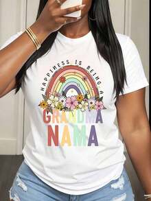 Women's T-Shirt With Rainbow Floral Print 'Happiness Is Being A Grandmother Nama', Casual Summer Clothing For Women - 白色 - 查看 6