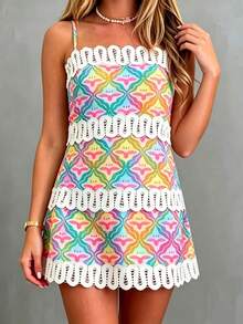 Floral Print Mini Dress Spaghetti Strap Lace Trim A Line Dress Cute Summer Outfit For Women - Rainbow Colors - View 4