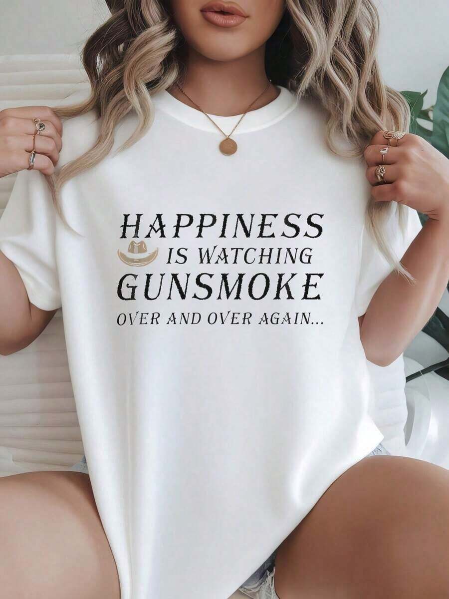 Camiseta de Mujer Casual con Cuello Redondo, Opciones en Blanco y Negro, Estampado Gráfico Happiness Gunsmoke, Camisetas de Verano para Mujer, Camisetas Gráficas de Verano, Conjuntos de Verano para Mujer, Camisetas Cortas para Mujer, Camisetas Vintage de Algodón, Ropa Linda para Mujer, Playera Holgada para Mujer - Blanco - Ver 1