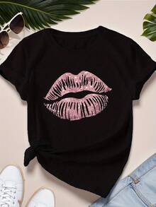 1 Piece Of Women's Plus Size Short Sleeve Sports T-Shirt With Bright Pink Lips Print, 180g, 100% Cotton. - 黑色 - 查看 12