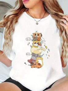 Fashion NEWCamiseta informal de mujer con un simpático estampado navideño de un gato de dibujos animados. Cómoda camiseta de manga corta y cuello redondo, ideal para primavera y verano, fiestas navideñas y looks de invierno; perfecta para cualquier ocasión. Color liso, estilo casual, ideal para fiestas navideñas, el Día de San Patricio, reuniones familiares y para el día a día.-Vintage Street Style Unisex Loose Cotton Short Sleeve Crew Neck T-Shirt - Blanco - Ver 8