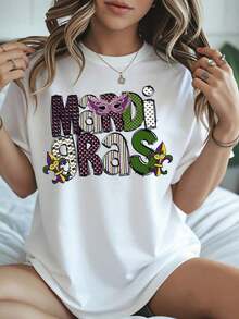 Camiseta de Festival TrendyGras para Mujer con Diseño de Máscara Colorida y Flor de Lis para Celebración de Fiesta de Carnaval, Atuendo Gras para Mujer, Uso Diario - Blanco - Ver 1