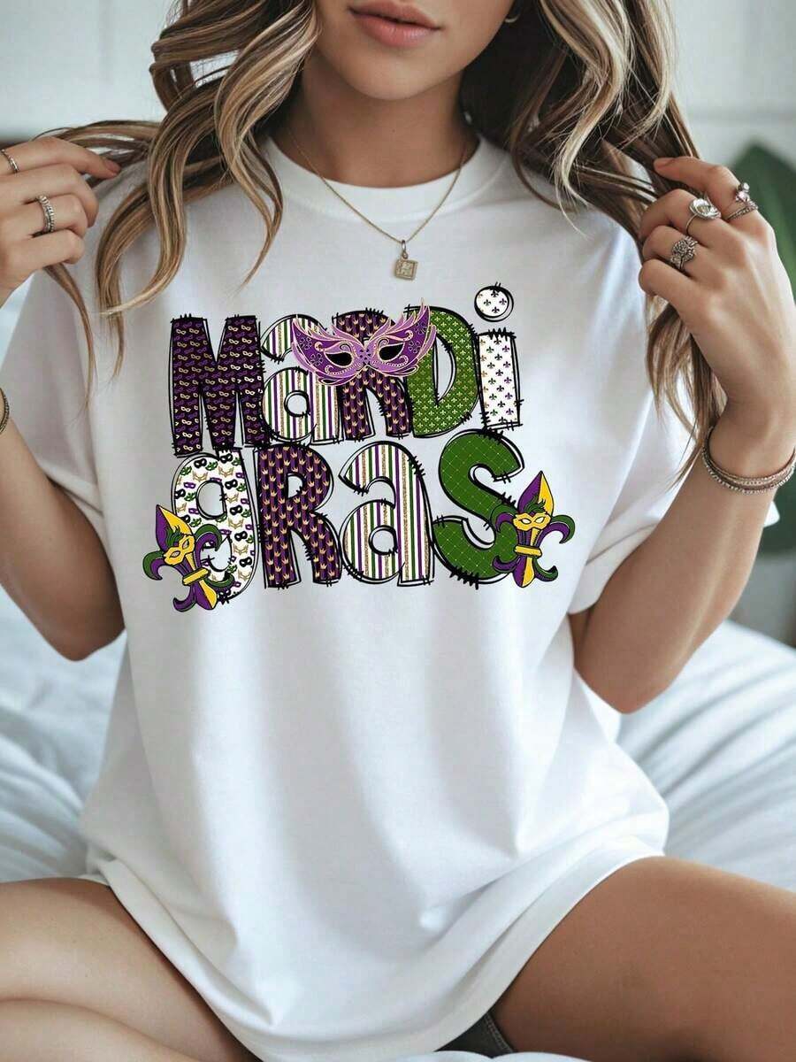 Camiseta de Festival TrendyGras para Mujer con Diseño de Máscara Colorida y Flor de Lis para Celebración de Fiesta de Carnaval, Atuendo Gras para Mujer, Uso Diario - Blanco - Ver 1