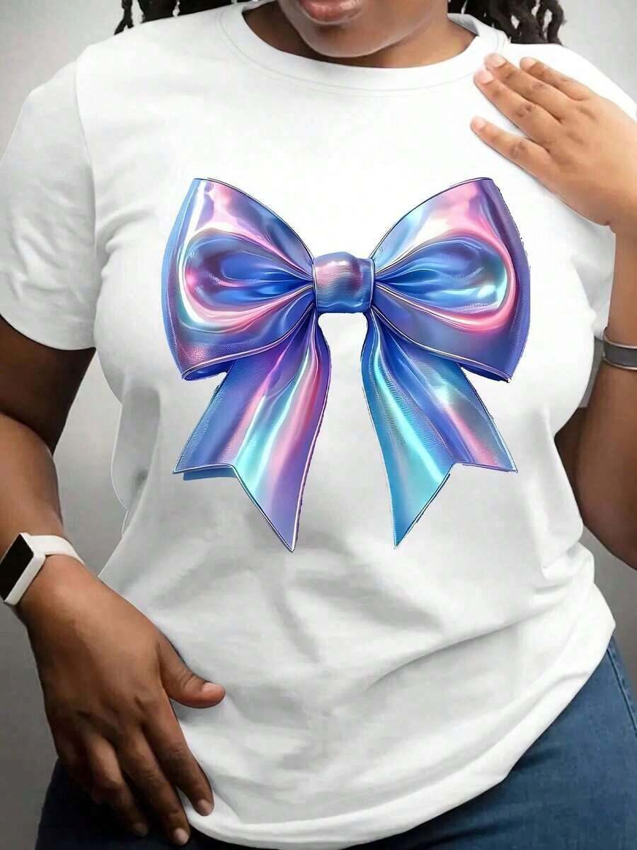 100% Cotton, Women's T-Shirt, Plus Size Black Short Sleeve T-Shirt For Women, With Rainbow Colorful Bow Print, Casual And Fashionable Top, Ideal For Everyday Wear. - 白色 - 查看 1