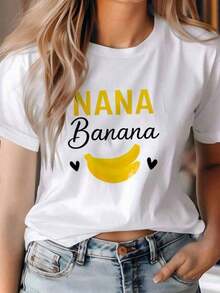 Camiseta de manga corta con cuello redondo y estampado unilateral con diseño de una banana NANA, ideal para salidas diarias, reuniones y atuendos elegantes en primavera y verano. Ropa de verano fresca para mujer YBAY. - Blanco - Ver 6