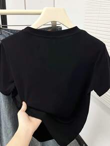 Camiseta de Mujer - Camiseta de Algodón Y2K con Bonito Estampado de Poodle en Patineta, Alta Elasticidad, Corte Regular, Manga Corta, Cuello Redondo, Ropa Casual para Primavera, Verano y Otoño, Material No Transparente para Mujer - Negro - Ver 3