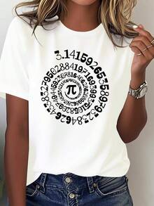 Camiseta Estampada de Color Sólido Patterns Pi para Mujer, Blusa de Manga Corta Casual, Versátil y Cómoda - Blanco - Ver 7