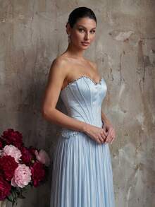 Women's Spring/Summer Flowy Light Blue Strapless Heavy Beaded Structured Long Evening Gown - Fluid Shiny Chiffon Formal Evening Dress Fall Wedding - Baby Blue - View 4