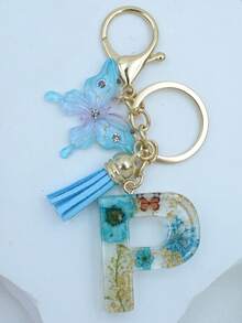 1pc Initial Letter Dried Flower Resin Keychain, Blue Daisy Pendant Keyring, Girl Bag Charm Accessory Gift - Baby Blue - View 28