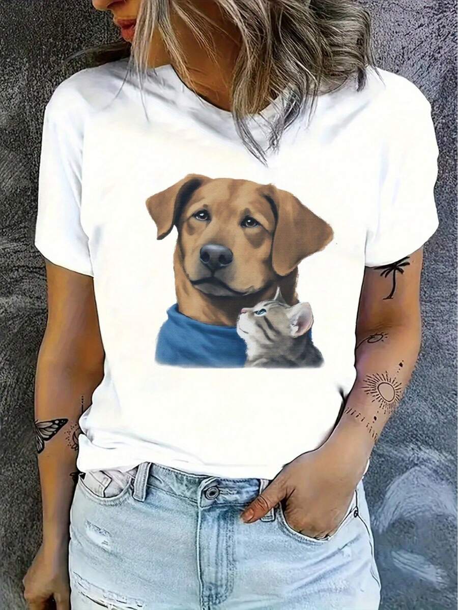 Camiseta casual de manga corta para mujer con estampado de perros y gatos - suave, elástica, de cuello redondo, lavable a máquina, ropa casual cómoda para todas las estaciones, camiseta para uso diario. | Camiseta con Estampado Gráfico | Camiseta de mujer cómoda y de buen ajuste. - Blanco - Ver 1