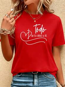 Camiseta de diseño simple y versátil con estampado de corazón, cruz y letras, transpirable y ligera, de tela cómoda para primavera y verano, camiseta de algodón informal y versátil para mujer con temática de fe española. - Rojo - Ver 6