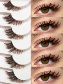 Asiteo 7 Pairs Brown Natural Curly Faux Mink Half Striped False Eyelashes, Transparent Suitable For Party, Travel, Daily Wear - 棕色 - 查看 2
