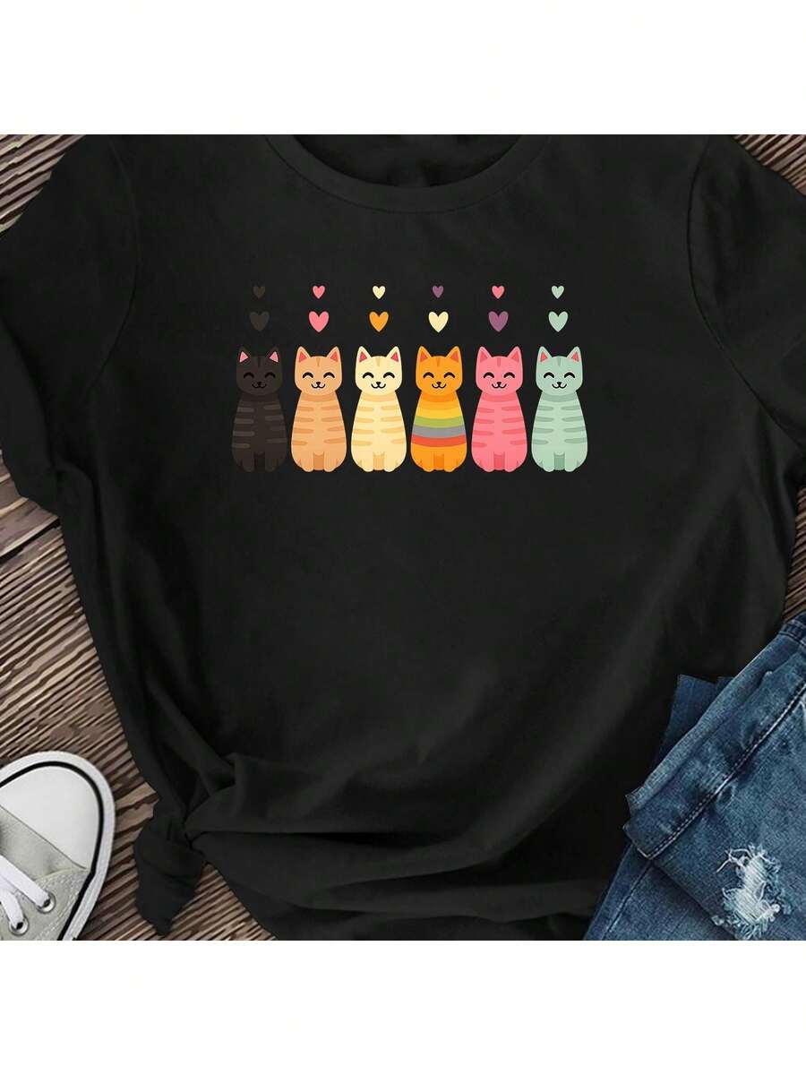 Camiseta Premium para Mujer con Diseño de Gatito Arcoíris - Base Roja con Patrón de Gato Rosa - Manga Corta - Camisa casual suave y a la moda para primavera, verano y otoño, lavable a máquina, tela de elasticidad media, vestido ecológico para primavera-verano. - Negro - Ver 1