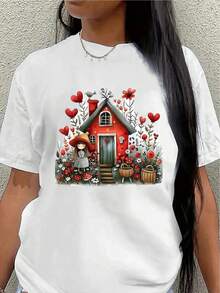 Camiseta de manga corta de poliéster, decorada con estampados campestres rojos, ligera y duradera, adecuada para usar en casa, en la cocina o al aire libre, con elementos de corazones y flores para crear un ambiente festivo. - Blanco - Ver 7